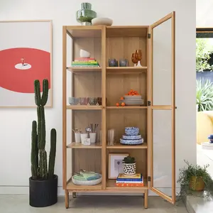 Vitrine moderne minimaliste en bois de chêne massif avec portes vitrées et étagères réglables pour le rangement du salon et de la salle à manger - Product Image 5