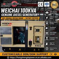 Generador Diésel Weichai de 100 kVA Listo para Fábrica, 80 kW de Potencia Primaria, Refrigeración Líquida, Arranque por Batería CC, Parada de Emergencia ATS, Base Móvil para Montacargas