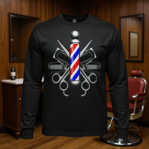 Camiseta de manga larga unisex con cuello redondo y estampado digital de poste de barbero con tijeras y peines, promocional para adultos - Product Image 2
