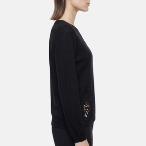 Premium New Honssen Women 99% Silk Knitwear Fine <strong>Sequin</strong> Anti Static Lace Splicing at Shoulder &amp; Hem Elegant <strong>Long</strong> <strong>Sleeve</strong> <strong>Top</strong> - Product Image 2