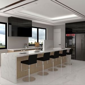 Armoires de cuisine de style épuré, finition brillante, noir et bois, en contreplaqué modulaire en forme de L pour appartement - Product Image 1