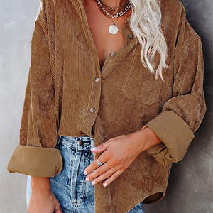 Fábrica de moda al por mayor de <span class=keywords><strong>manga</strong></span> <span class=keywords><strong>larga</strong></span> de pana Casual señoras camisas personalizadas botón frontal mujeres Relax Fit blusa camisas - Product Image 6