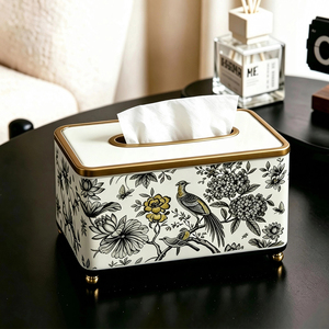 Cubierta Decorativa para Caja de Pañuelos con Diseño Floral de Pájaros y Ribete Dorado, Porta Servilletas Vintage para Sala de Estar o Mesa de Centro - Product Image 2