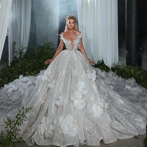 رداء زفاف مطرز بالخرز زهرة كبيرة فستان بلد لامع مطرز بالخرز مقاس كبير - Product Image 2