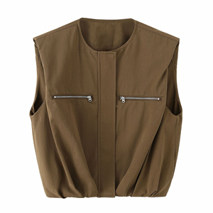 <span class=keywords><strong>Chaleco</strong></span> Utilitario Personalizado para <span class=keywords><strong>Mujer</strong></span>, sin Mangas, Cuello Redondo, con Detalle de Cremallera y Hombros Acolchados, Fabricante de Ropa OEM en China - Product Image 1