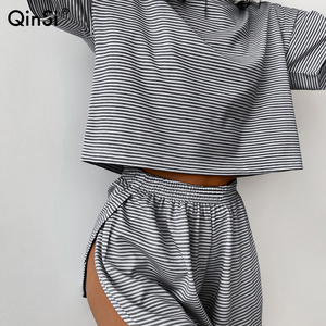 Set di pigiami a righe Casual estivo da donna O collo morbido con spacco Shorts da donna vestiti da <span class=keywords><strong>casa</strong></span> pigiami di cotone larghi da donna - Product Image 1