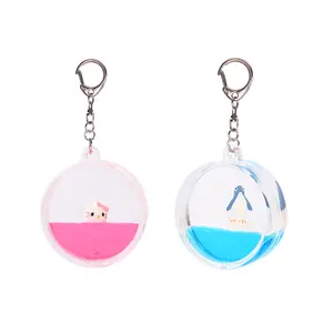 Wholesale Round Acrylic Keychain Custom Glitter Floater Plastic Key Ring Pink Water Floating For Promotional Gift
