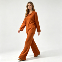 Ensemble de survêtement en tricot mélange de laine effet cachemire pour femme, pull à col polo et pantalon large, tenue décontractée d'hiver en 2 pièces