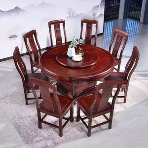 Juego de mesa de comedor redonda de madera maciza exquisito estilo chino extensible con <span class=keywords><strong>Lazy</strong></span> <span class=keywords><strong>Susan</strong></span> y Pedestal tallado para uso en cocina de granja - Product Image 1