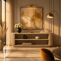 Table basse console en bois massif robuste avec surfaces à rainures verticales, coins arrondis et bordures courbes pour la décoration du salon de villa