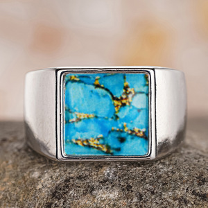 Anello Geometrico A078 con Pietra Naturale, Montatura Quadrata, Anelli Unisex alla Moda - Product Image 1