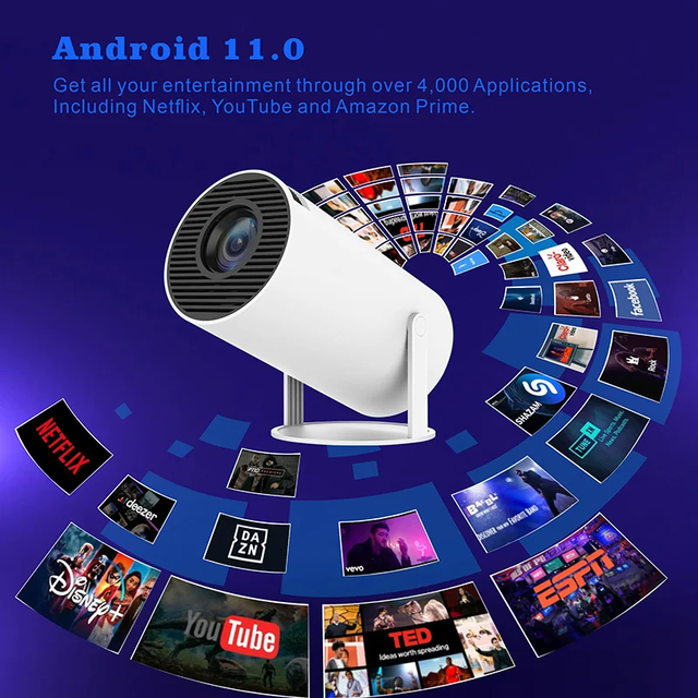 High Brightness Projector HY300 210ANSI 720P Support 4K Home Mini Projector Android 11 Projector with Android TV