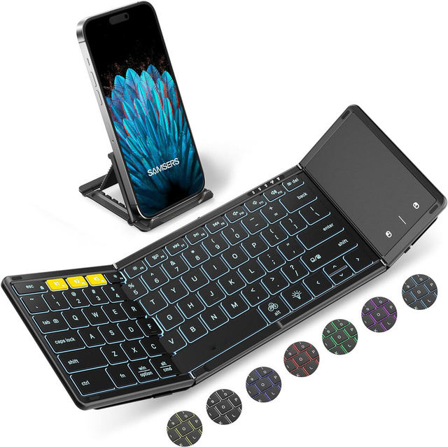 Tri-fold Wireless Chargeable Compact Tri-fold Folding Wireless Keyboard with Trackpad with Backlight and Mouse