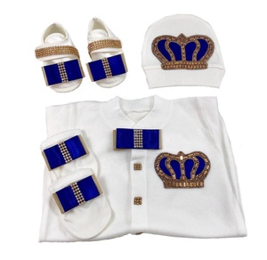 Tela de algodón 100% de alta calidad, tejido de punto personalizado de manga larga, Burbuja de bambú, 4 piezas, conjunto de Pelele de bebé azul y dorado - Product Image 1