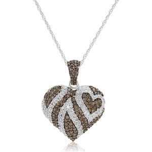 Heart Pendant Necklace 1.53 Cttw Pave White Champagne Brown Diamonds 925 Sterling Silver Rhodium Plated <b>Rope</b> <b>Chain</b> Women's Gift - Product Image 1