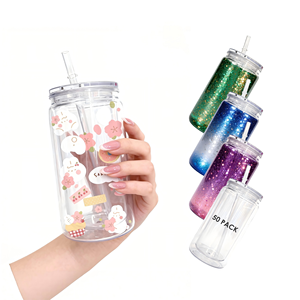 Customized logo 16 oz <b>Plastic</b> Cups with Lids and <b>Straws</b> Acrylic Mason Jars with Transparent Lids Mason Jar Tumbler for DIY - Product Image 1