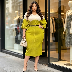 Nuovi Arrivi: Abito da Donna Elegante Miyaki con Perline, Maniche a Pipistrello, Scollo a V, Cintura, Vestito a Tubino Midi Plissettato, <span class=keywords><strong>Taglie</strong></span> Forti, per Feste e Casual - Product Image 2