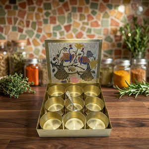 Premium Square Brass Spice <b>Box</b> with 9 Round Containers Painted Peacock Art Lid Luxury Indian Masala Dani Kitchen Organizer Set - Product Image 3