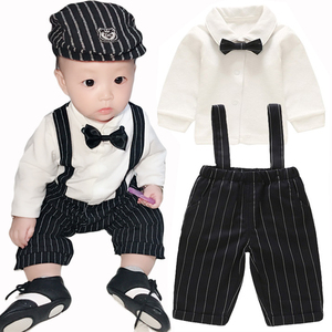 Ensemble 3 pièces en coton de haute qualité pour bébés garçons : chemises blanches formelles, salopettes et nœuds papillon, style gentleman pour fête d'anniversaire - Product Image 1