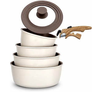 Ensemble de casseroles en aluminium forgé à induction, revêtement céramique moderne, couvercles en verre, poignées amovibles en bois doux au toucher, antiadhésif - Product Image 1