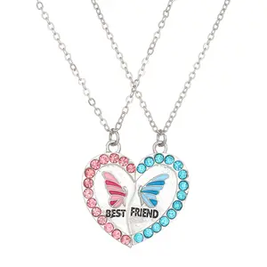BFF friendship pendant necklace zircon silver plated heart shape butterfly drip oil girls necklace Creative gift wholesale price