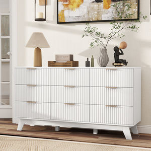 Commode moderne en bois massif à 9 tiroirs, façades de tiroirs cannelées, poignées dorées en acier inoxydable, conception anti-chute pour chambre et salon - Product Image 1