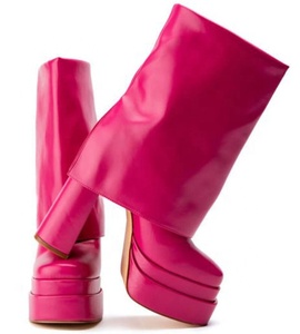 Trendy Short Overlay Platform Chunky High Heels Ankle <b>Boots</b> for Women Square Toe Folded Over Shoes - Product Image 4