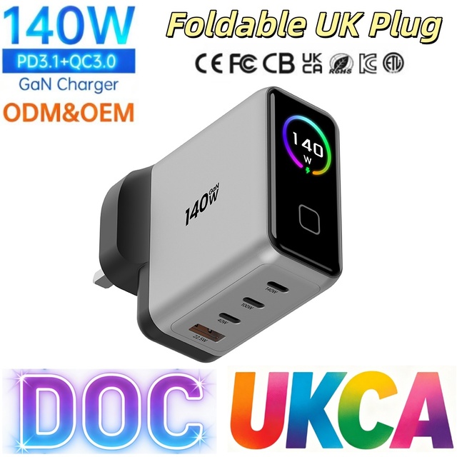 Tommox 140W GaN PD 3.1 Fast Charger 4-Port with TFT Display Foldable UK Plug USB-C Charger Adapter for Laptop Tablet Phone Ipad