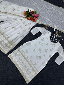 Costume Sharara indien pakistanais ethnique pour occasions spéciales, en tissu géorgette lourd de style moderne, palazzo-traditionnel fait à la main - Product Image 5