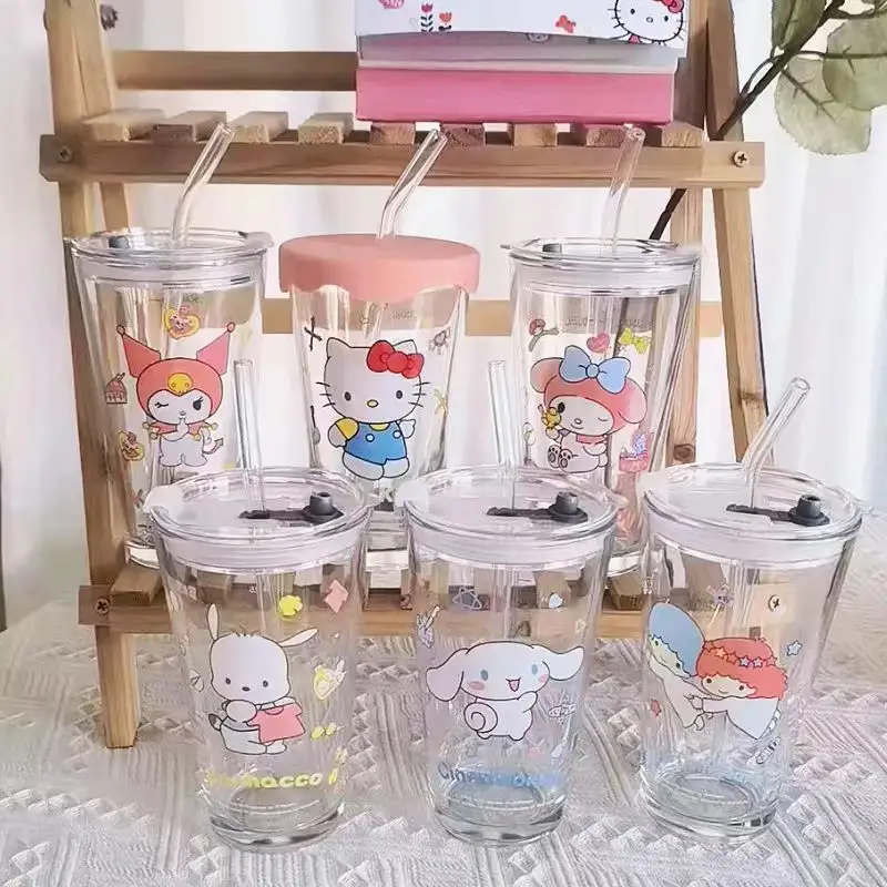450ML 산리오 물병 만화 애니메이션 Kulomi KT 고양이 계피 개 카와이 유리 밀짚 컵 뚜껑과 우유 차 컵