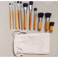JLY 11 Pcs Pinceaux de maquillage écologiques à manche en bambou, Trousse de cosmétiques portable pour voyage, Pinceau de maquillage portable pour voyage