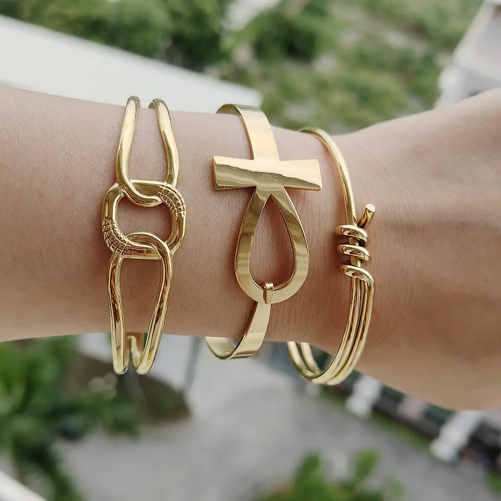 Ankh-pulsera de la amistad de macramé para mujer, brazalete ajustable chapado en oro, de acero inoxidable
