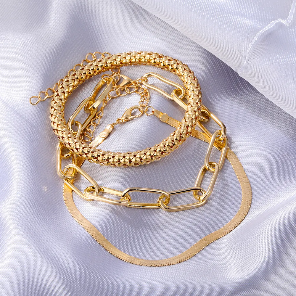 VKME Daily Flat Snake Chain Stacking Bracelet For women Gold Plated Stainless Steel Thin Snake Bone Chain Square chain Bracelet