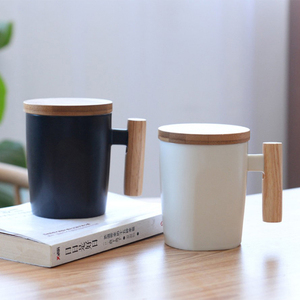 Regalo de Evento de negocios Taza de agua recta 400 ml Tapa de madera Tazas de cerámica con logotipo Tazas de vela de cerámica de porcelana blanca - Product Image 5