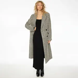 À la mode hiver Long revers Trench-Coat Tweed sergé pour les femmes vêtements décontractés Double boutonnage rayé femmes manteaux