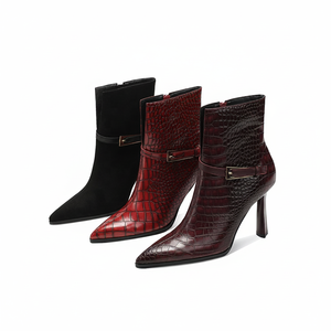 Bottines pour femmes, style western formel, en similicuir gaufré croco, à bout pointu, talon aiguille, avec fermeture éclair latérale, rehaussantes - Product Image 1