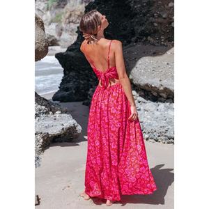 Robe de soirée longue à imprimé floral et col en V noué pour femme, qualité supérieure, personnalisable OEM, vente en gros, bretelles amples, longueur midi, tissage. - Product Image 4