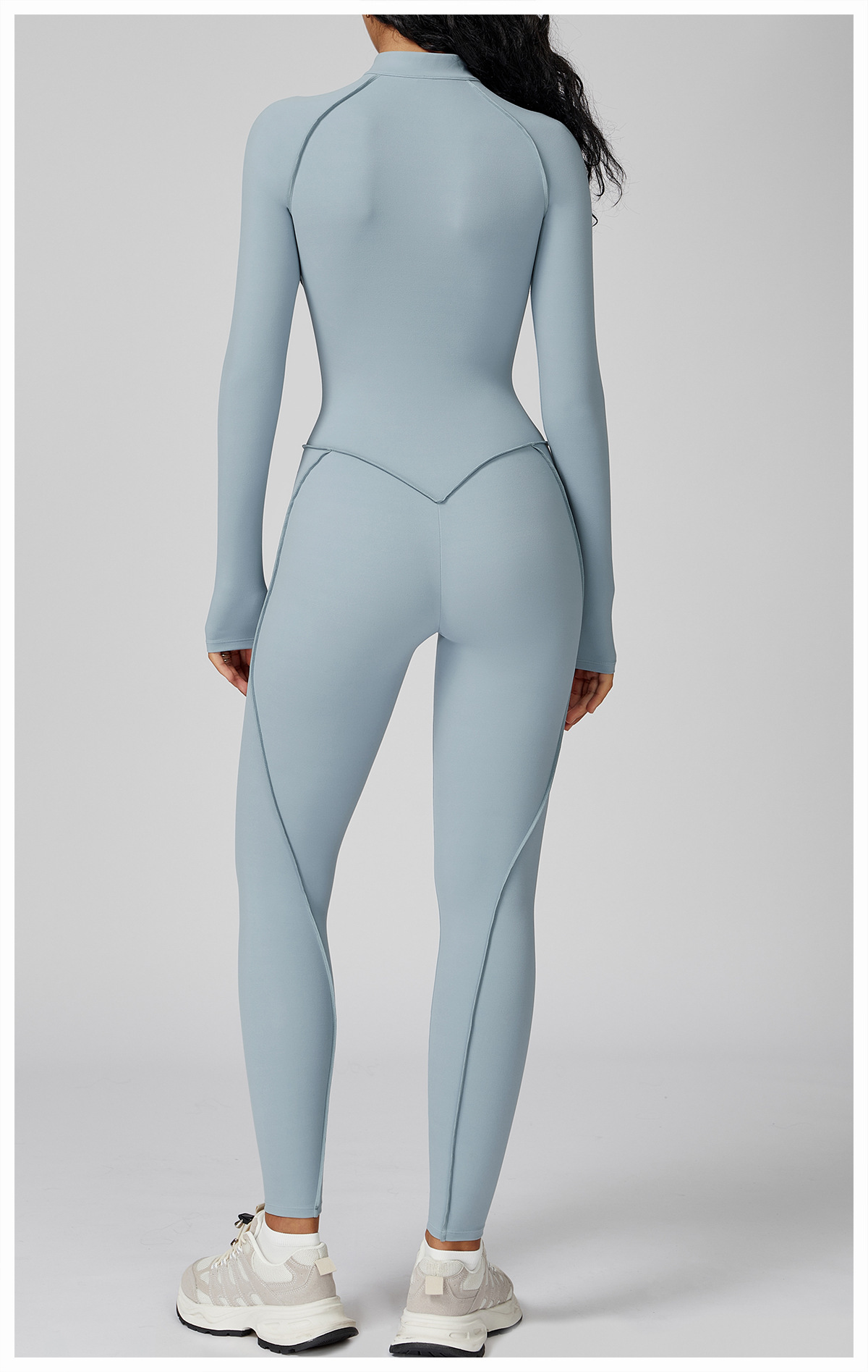 Zip-Up Activewear Jumpsuit: side profile showing stretch, rise and leg-opening fit
