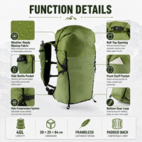 Sac à dos de randonnée imperméable et confortable de 40L avec fermeture roll-top pour la vente en gros