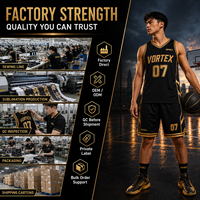 Maillot de basketball de luxe noir et or VORTEX, design premium, style urbain, sublimation personnalisée avec nom et numéro, pour hommes et femmes, mode urbaine, grandes tailles