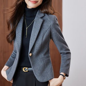 Grey Wool Blazer Women Solid Color Anti-Wrinkle Petite Short Autumn Winter 2025 Style - Product Image 1