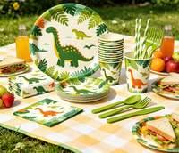 Ensemble de vaisselle jetable pour fête sur le thème des dinosaures, assiettes, gobelets et serviettes imprimés de dinosaures de dessins animés, pour anniversaire d'enfants