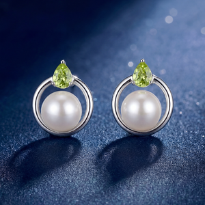 Boucles d'oreilles créoles rondes en cuivre plaqué argent avec péridot vert et zircon cubique, et clous d'oreilles en perle blanche pour femme, bijoux en perles et zircon en forme de poire, cadeau - Product Image 4