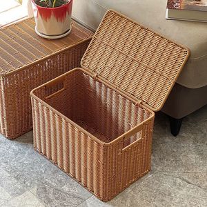 Wicker Laundry Basket Rectangle With Lid Dustproof Clothing Organizer <b>Storage</b> <b>Bin</b> For Home Closet Use - Product Image 4