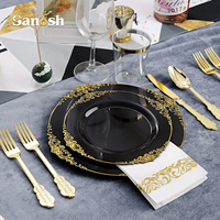 SANOSH 175 pièces Assiettes jetables en plastique de plusieurs couleurs avec bord doré, cuillères, couteaux, fourchettes, serviettes et gobelets pour mariage et fête