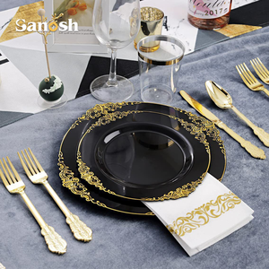 SANOSH 175 Piezas <span class=keywords><strong>de</strong></span> Platos Desechables <span class=keywords><strong>de</strong></span> Plástico con Borde Dorado en Varios Colores, con Cuchara, Cuchillo, Tenedor, Servilleta y Vasos para Fiestas <span class=keywords><strong>de</strong></span> Boda - Product Image 5