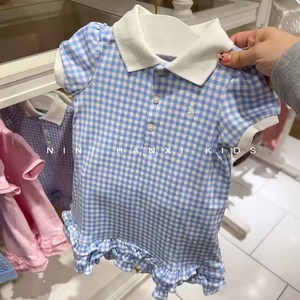 Child Star Circle Girls Blue Plaid Short Sleeve <b>Dress</b> With <b>Ruffle</b> Hem Breathable Summer Princess Style - Product Image 1