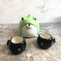 Ensemble de théière chinoise en céramique verte mignonne pour pique-nique, ensemble de théière en forme de grenouille, tasse à thé et théière pour cadeau d'enfant ou d'ami