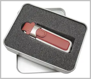 Pen drive de memória flash USB de couro personalizado com moldura de metal e caixa de lata para promoções, brindes e publicidade