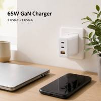 Charger Dinding Cepat GaN 3 Port QC3.0 & PD 65W Laris Manis EU dengan Multi-Port USB-C/USB-A untuk Ponsel Tablet Laptop